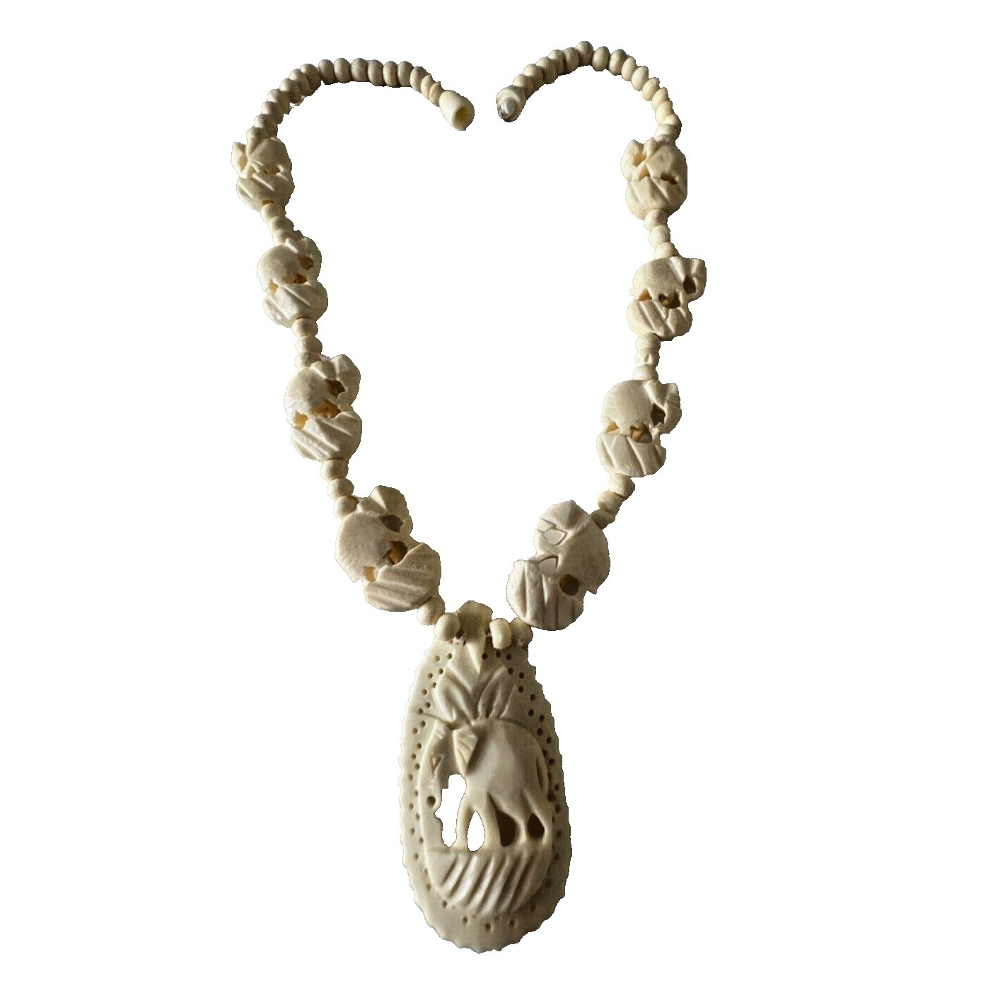 Carved Shell Elephant Necklace Trunk Up Lucky Screw Clasp Off White 16 In